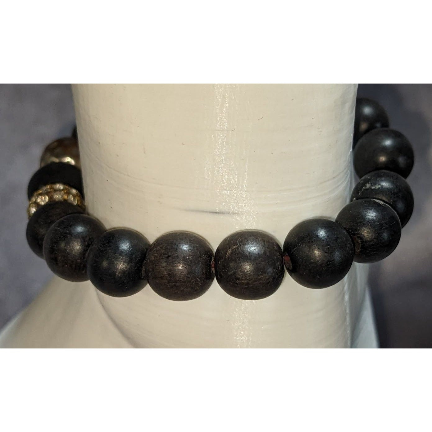 Boho Glam VA Signed Black Wood Bead Rhinestone Stretch Bracelet