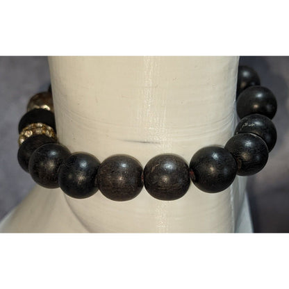 Boho Glam VA Signed Black Wood Bead Rhinestone Stretch Bracelet