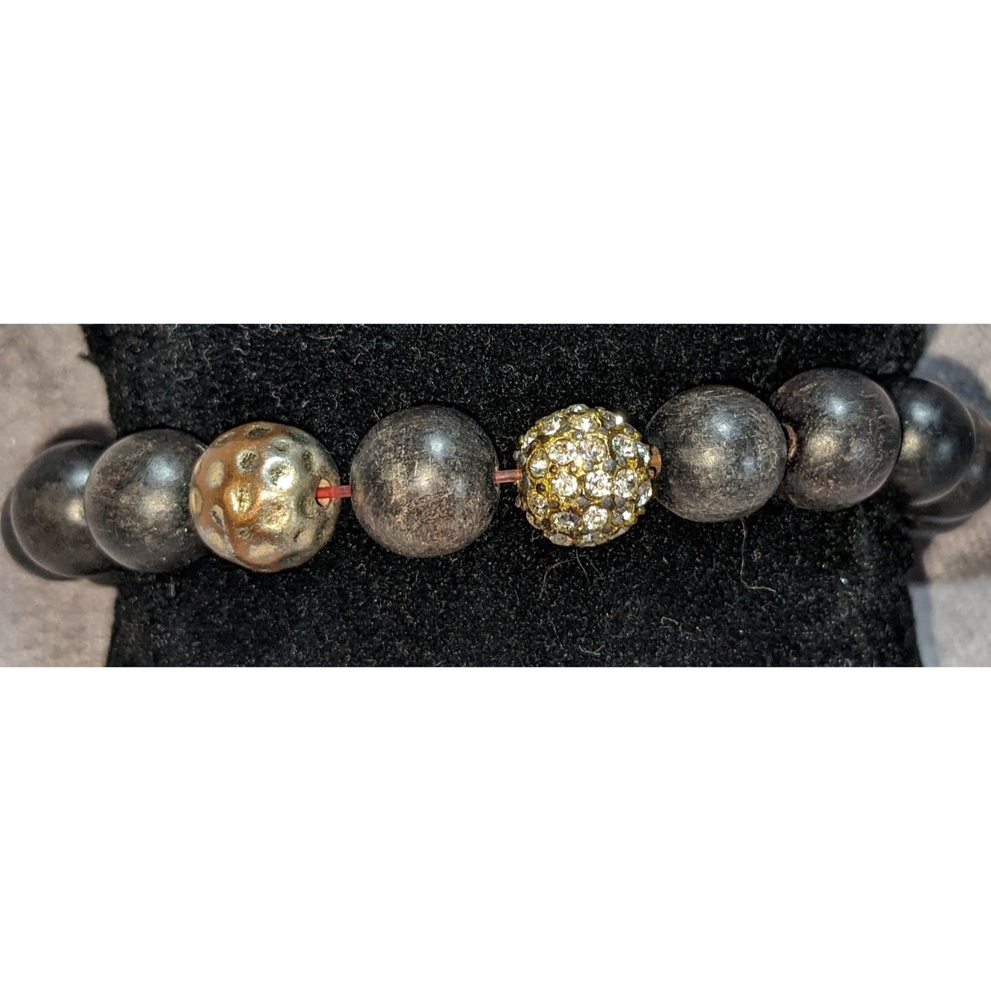 Boho Glam VA Signed Black Wood Bead Rhinestone Stretch Bracelet