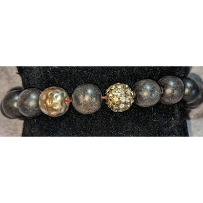 Boho Glam VA Signed Black Wood Bead Rhinestone Stretch Bracelet