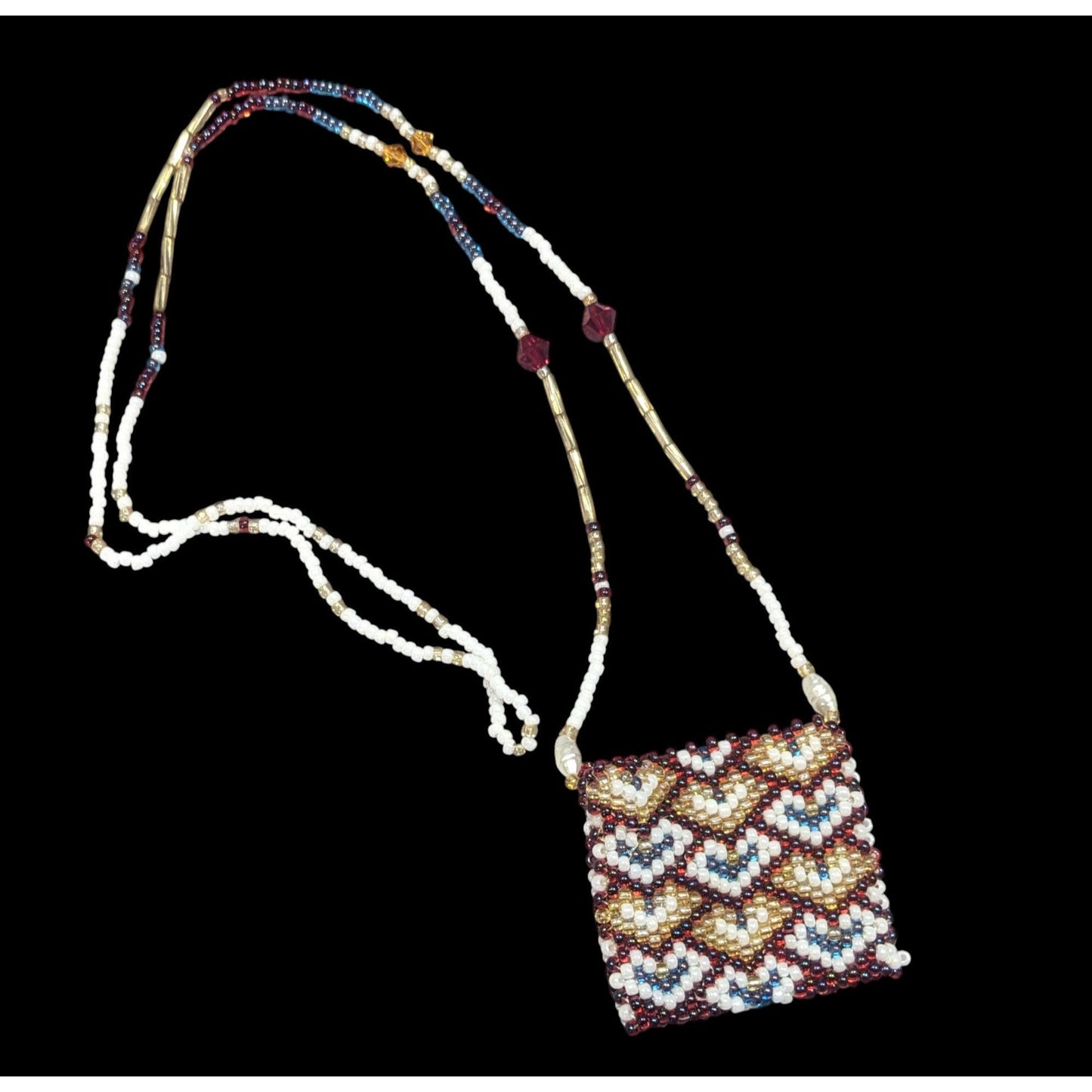 Hand Beaded Glass Amulet Bag Necklace With Heart Pattern