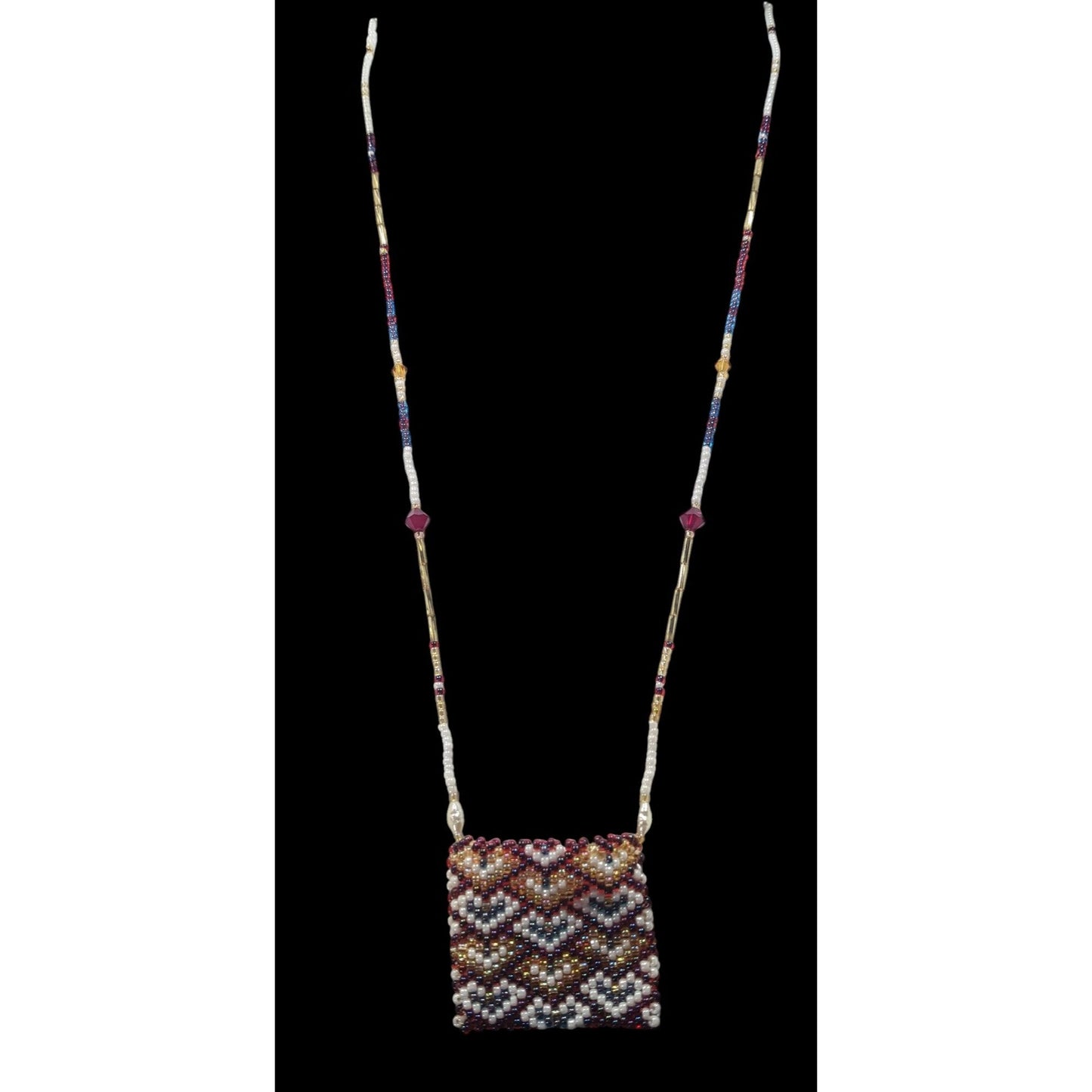 Hand Beaded Glass Amulet Bag Necklace With Heart Pattern