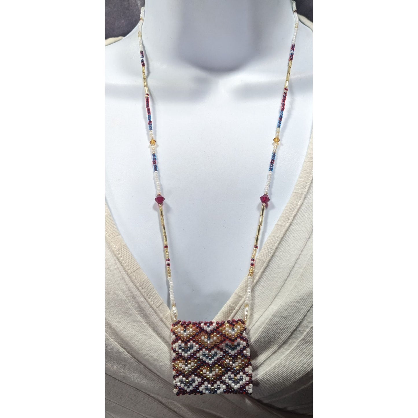 Hand Beaded Glass Amulet Bag Necklace With Heart Pattern