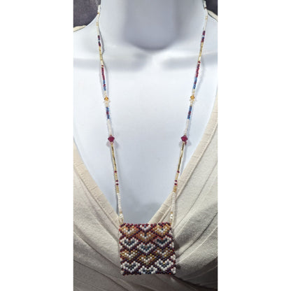 Hand Beaded Glass Amulet Bag Necklace With Heart Pattern
