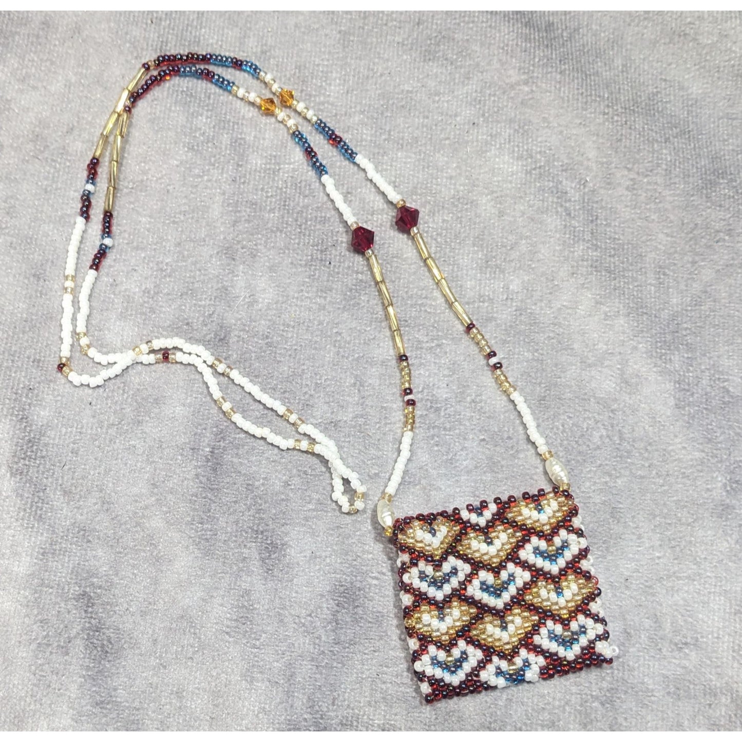 Hand Beaded Glass Amulet Bag Necklace With Heart Pattern