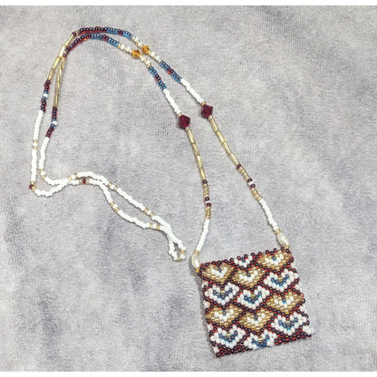 Hand Beaded Glass Amulet Bag Necklace With Heart Pattern