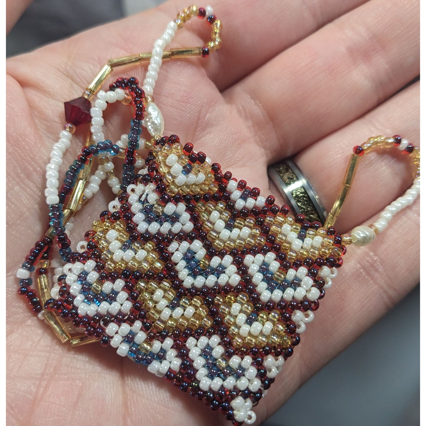 Hand Beaded Glass Amulet Bag Necklace With Heart Pattern