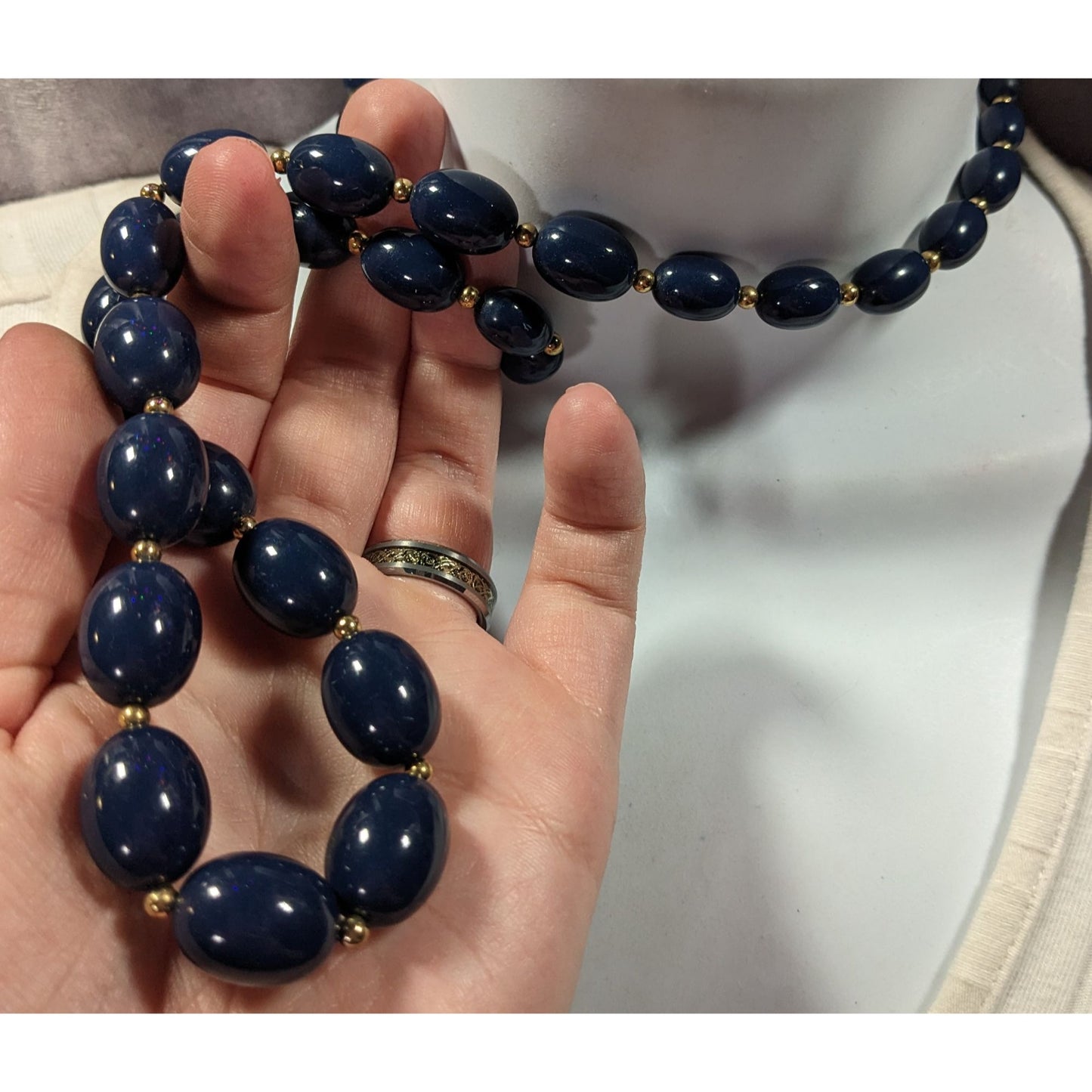 Vintage Monet Dark Blue And Gold Tone Beaded Necklace