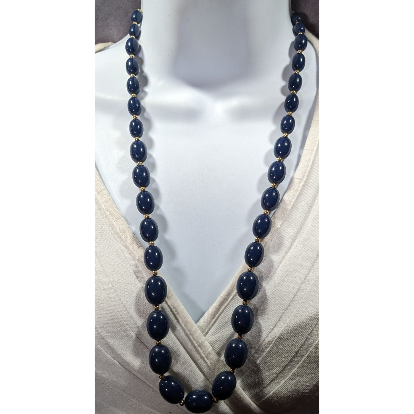 Vintage Monet Dark Blue And Gold Tone Beaded Necklace
