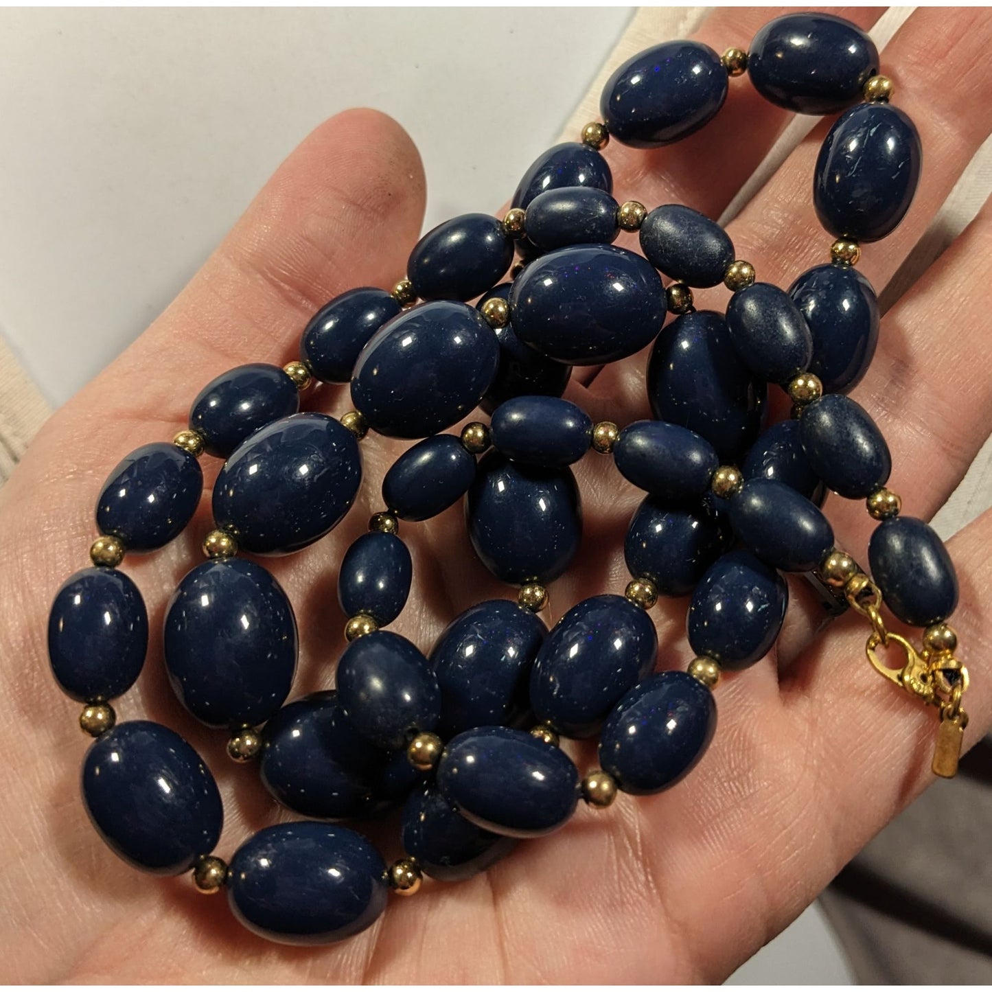 Vintage Monet Dark Blue And Gold Tone Beaded Necklace