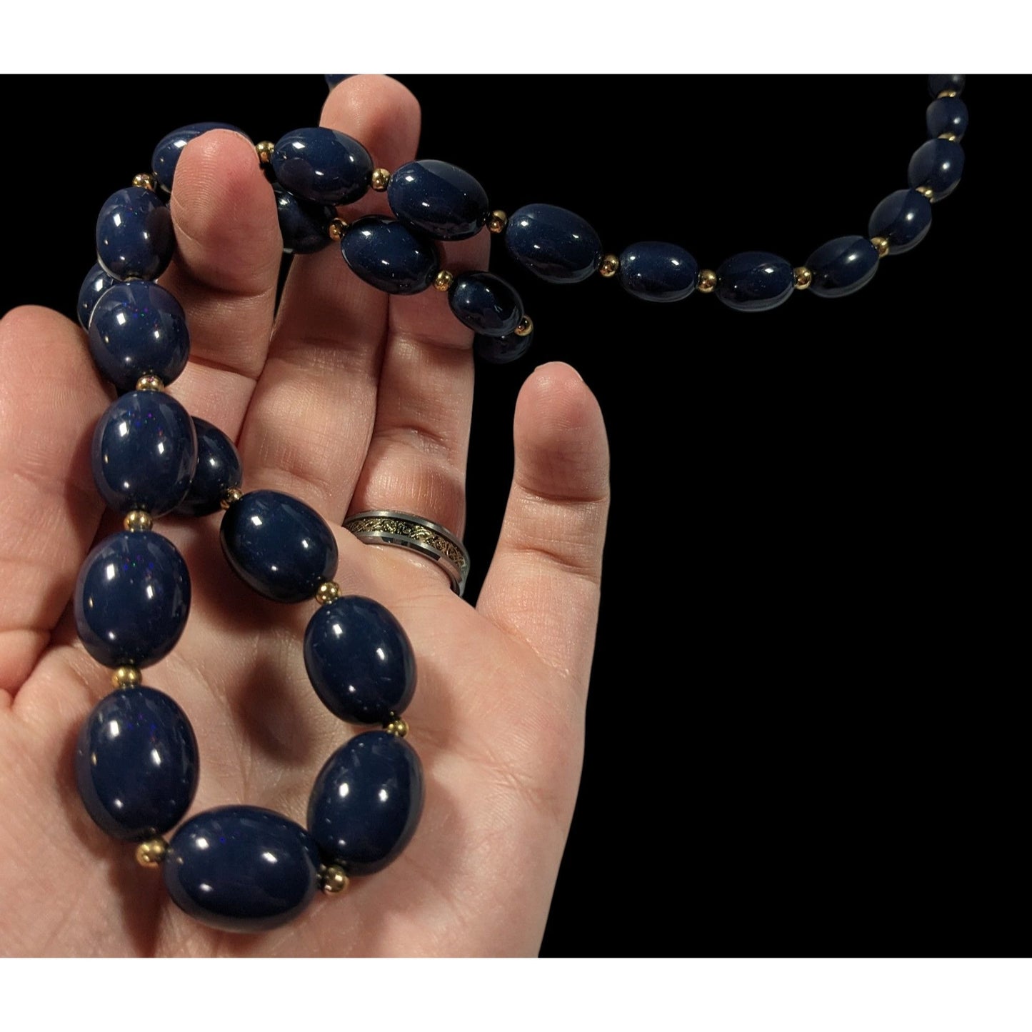Vintage Monet Dark Blue And Gold Tone Beaded Necklace
