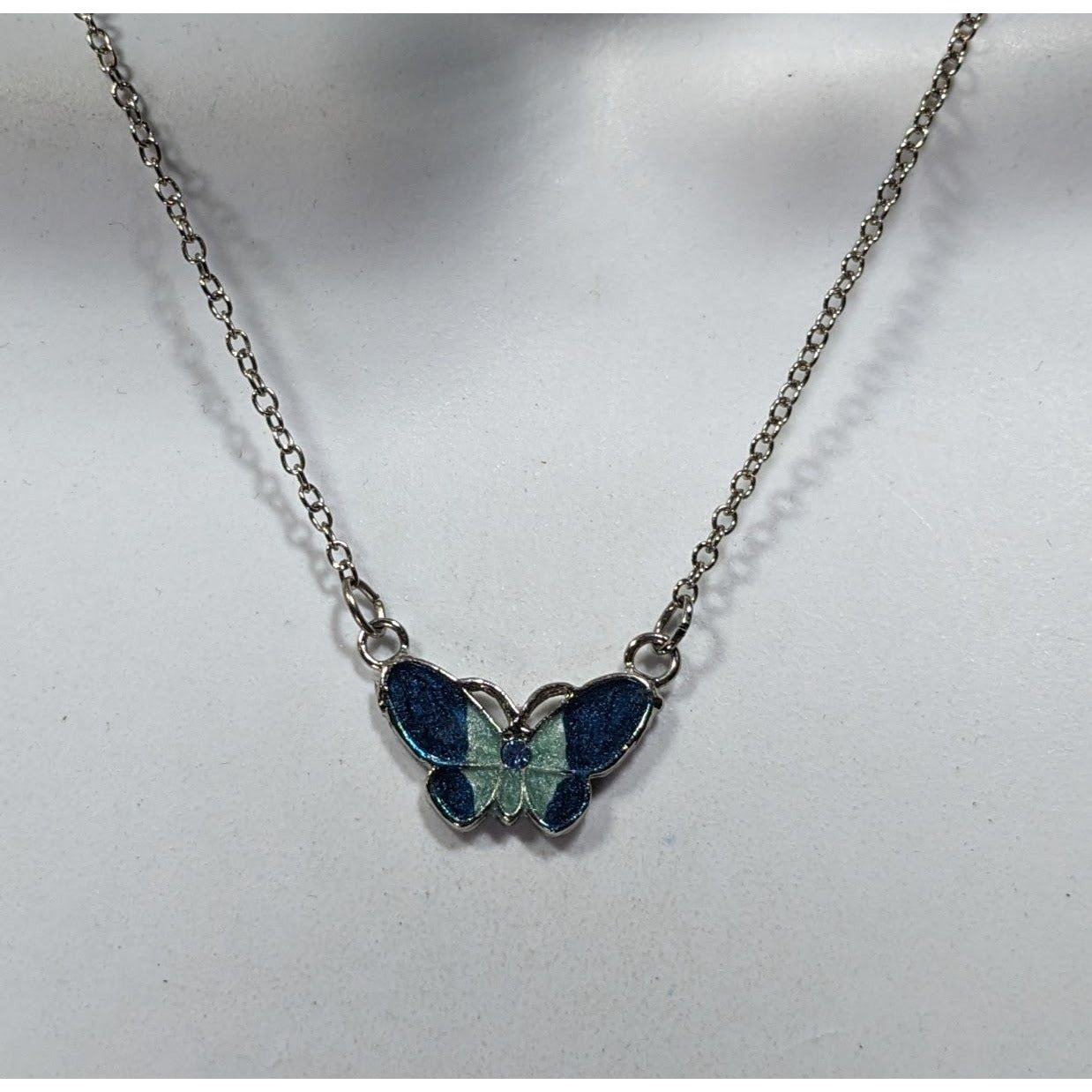 Fairycore Butterfly Pendant Necklace With Blue And Silver Tone Shimmer Enamel