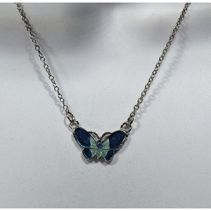 Fairycore Butterfly Pendant Necklace With Blue And Silver Tone Shimmer Enamel