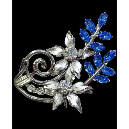 Vintage Fantasy Floral Blue And Silver Tone Gemmed Brooch