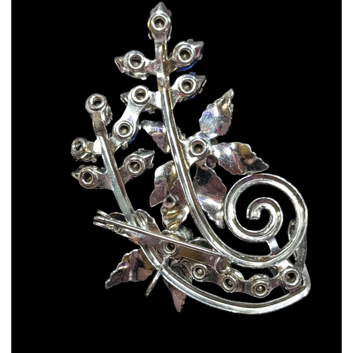 Vintage Fantasy Floral Blue And Silver Tone Gemmed Brooch