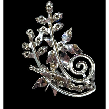 Vintage Fantasy Floral Blue And Silver Tone Gemmed Brooch