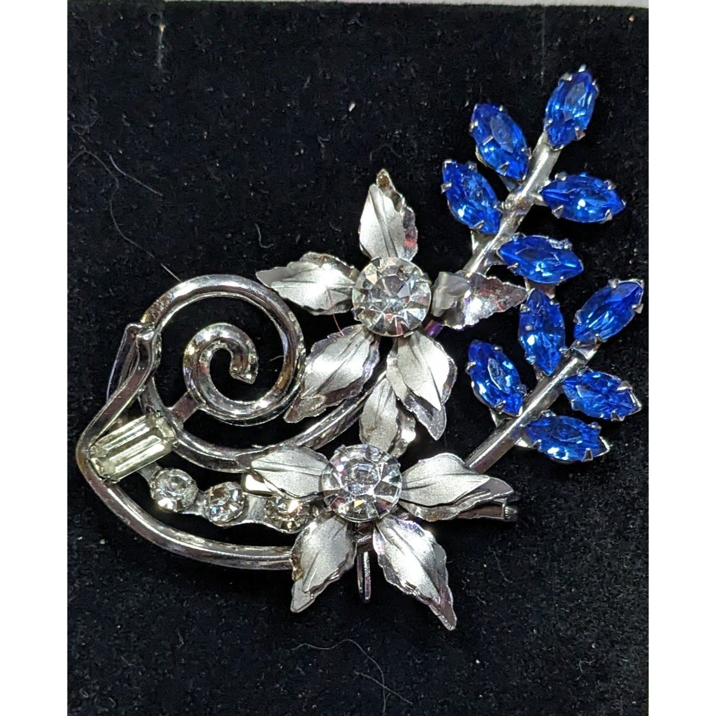Vintage Fantasy Floral Blue And Silver Tone Gemmed Brooch