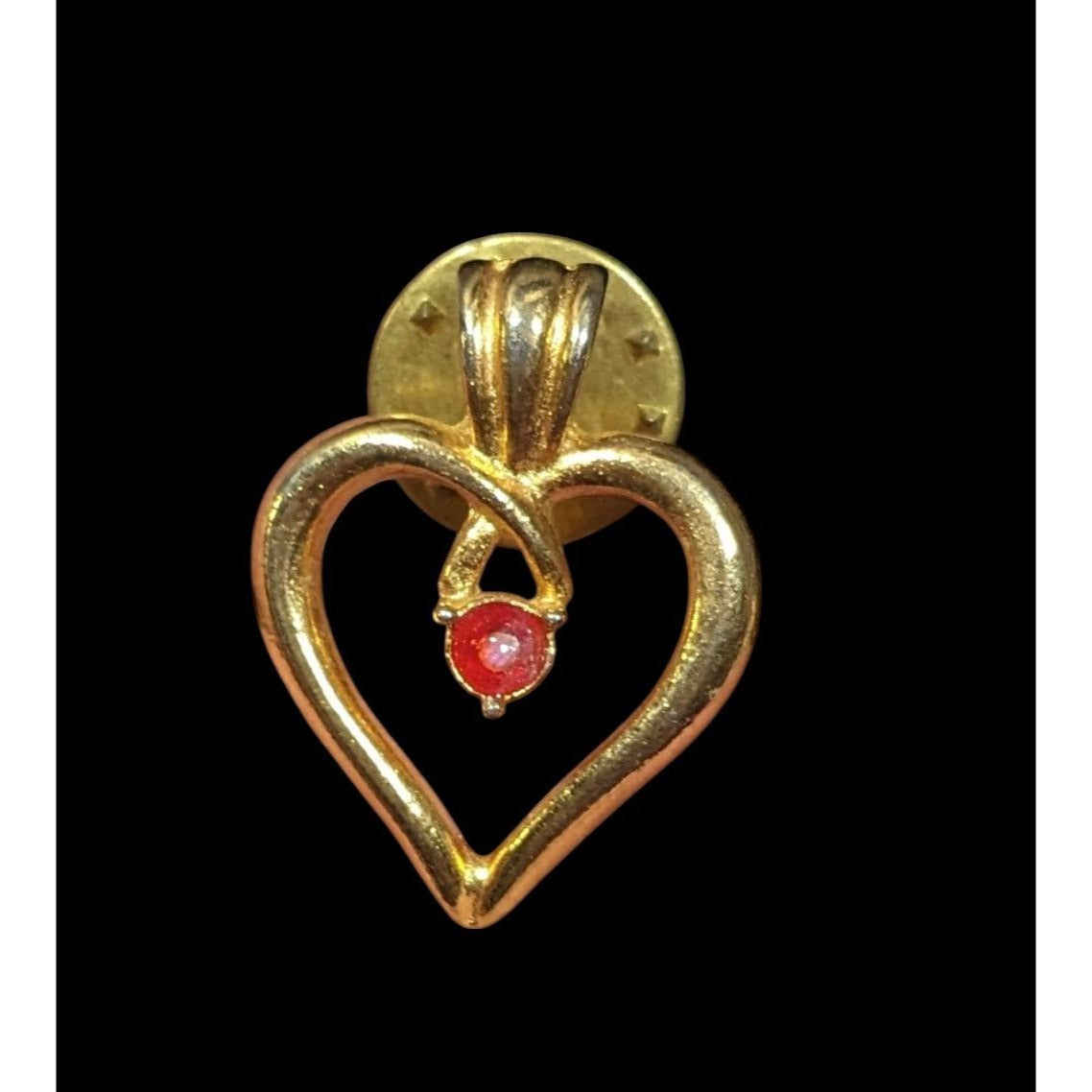 Vintage Coquette Open Heart Gold Tone Lapel Pin With Red Gem