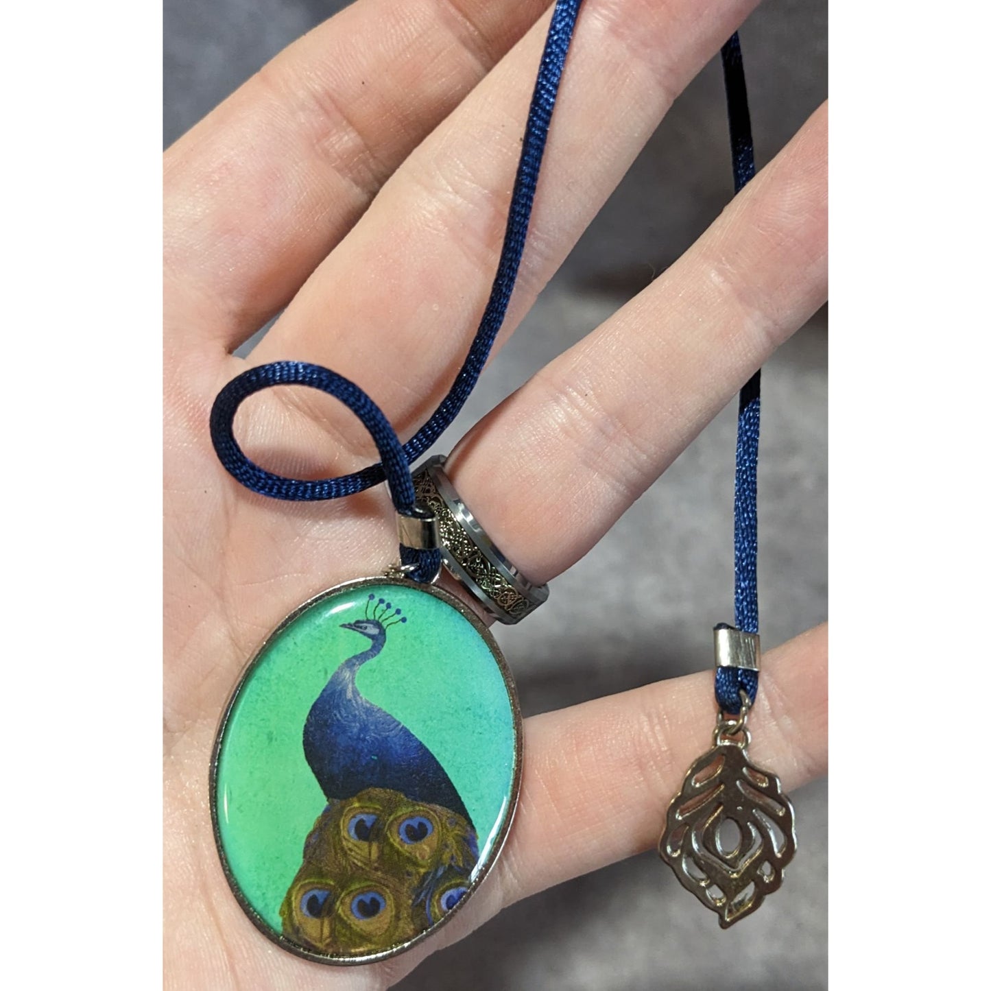 Whimsigoth Peacock Cameo Ribbon Bookmark Blue Green Silver Tone
