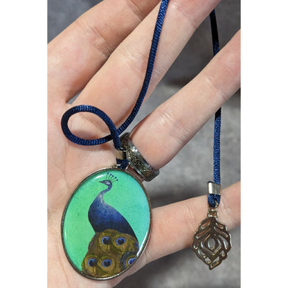 Whimsigoth Peacock Cameo Ribbon Bookmark Blue Green Silver Tone
