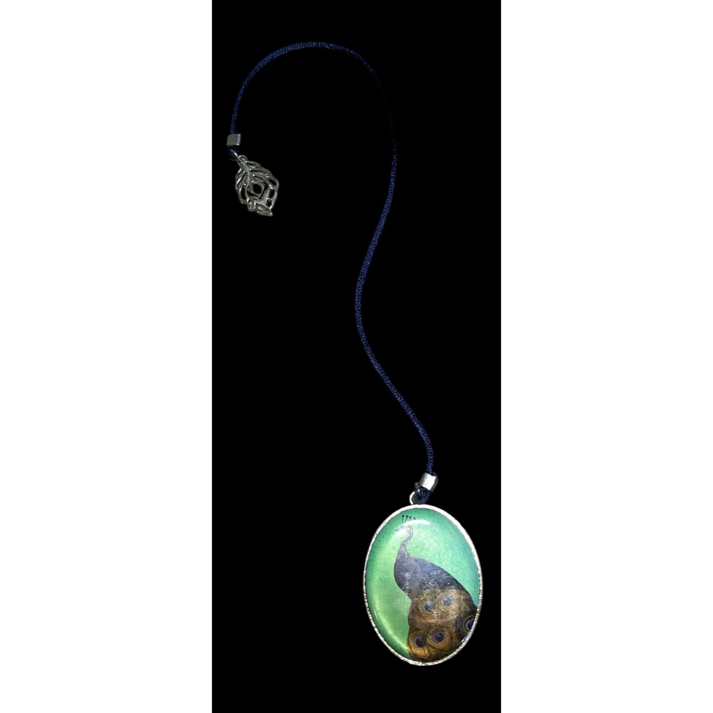 Whimsigoth Peacock Cameo Ribbon Bookmark Blue Green Silver Tone