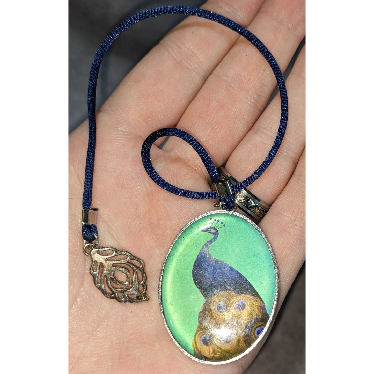 Whimsigoth Peacock Cameo Ribbon Bookmark Blue Green Silver Tone
