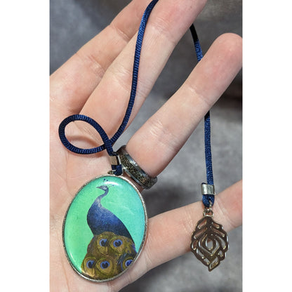 Whimsigoth Peacock Cameo Ribbon Bookmark Blue Green Silver Tone