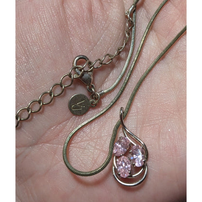 Vintage VJ Pink And Silver Tone Nested Triple Gem Pendant Necklace