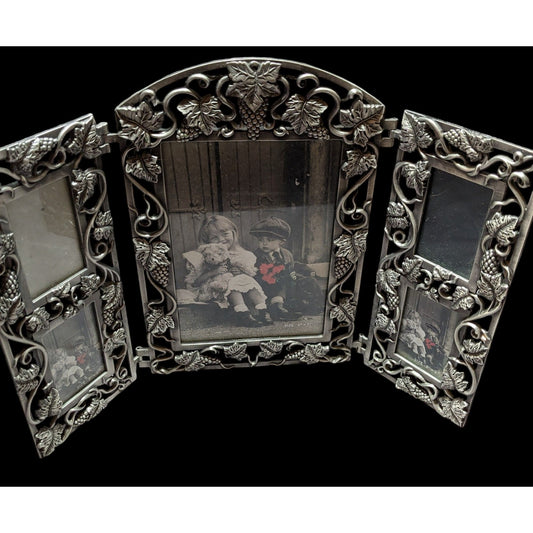 Vintage Silver Baroque Style Trifold Picture Frame