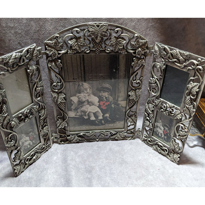 Vintage Silver Baroque Style Trifold Picture Frame