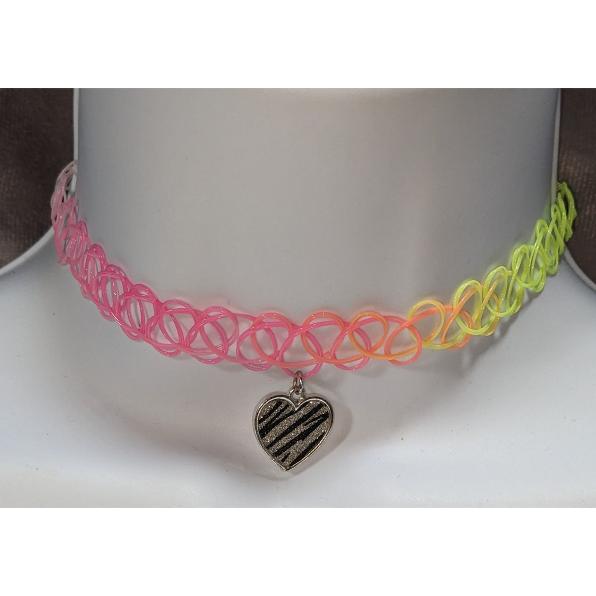 90s Y2K Neon Rainbow Tattoo Choker Zebra Heart Charm Stretch Necklace