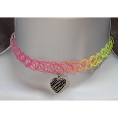 90s Y2K Neon Rainbow Tattoo Choker Zebra Heart Charm Stretch Necklace