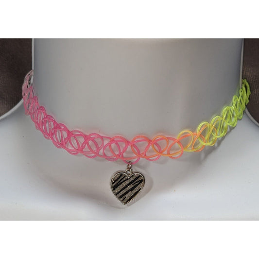 90s Y2K Neon Rainbow Tattoo Choker Zebra Heart Charm Stretch Necklace