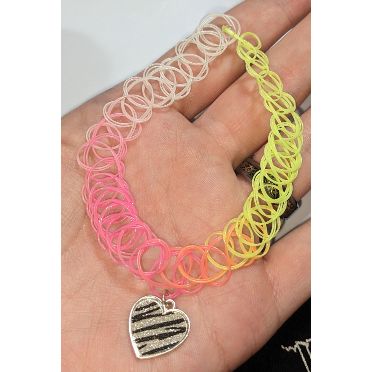 90s Y2K Neon Rainbow Tattoo Choker Zebra Heart Charm Stretch Necklace