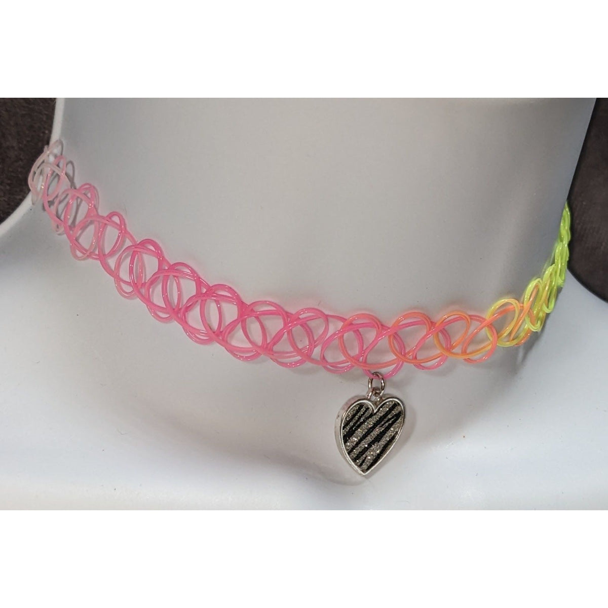90s Y2K Neon Rainbow Tattoo Choker Zebra Heart Charm Stretch Necklace