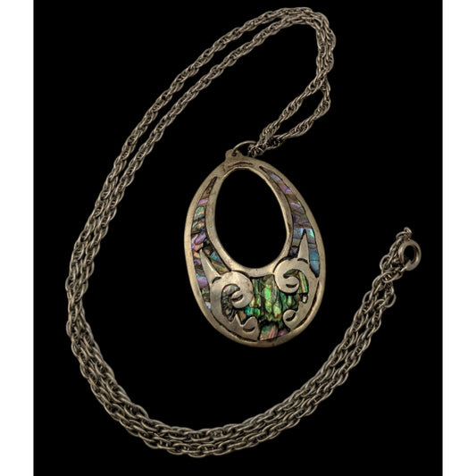 Vintage Open Oval Shell Inlay Pendant Necklace Silver Green Mermaidcore Fantasy Boho