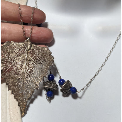 Vintage Silver And Blue Electroplated Birch Leaf Necklace