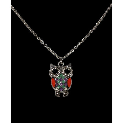 Rainbow Enamel Rhinestone Owl Pendant Necklace