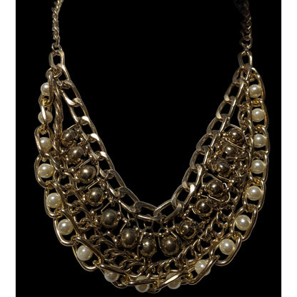 Glamorous Gold Chain Pearl Bib  Necklace