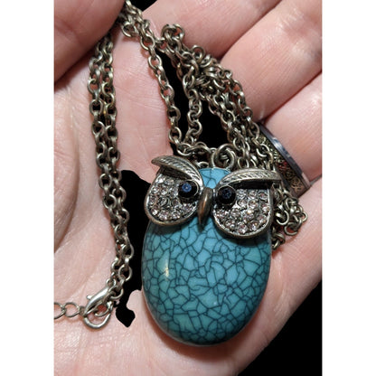 Turquoise Rhinestone Owl Necklace