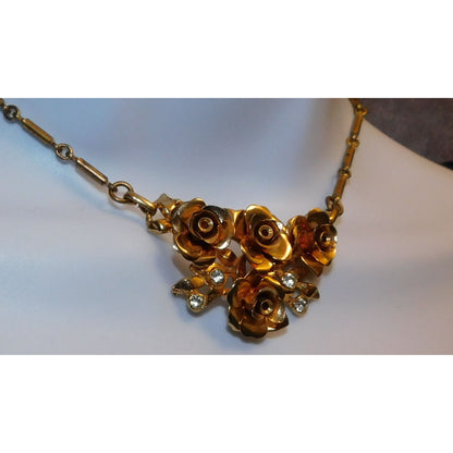 Vintage Romantic Gold Rose Rhinestone Necklace