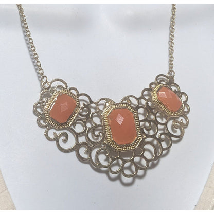 Vintage Gold Tone Filigree Necklace With Orange Stone Accents