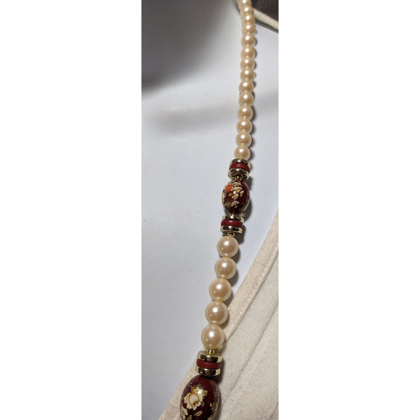 Vintage Cream And Red Pearl Floral Necklace