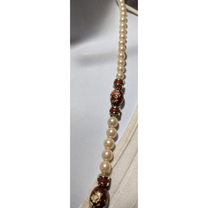 Vintage Cream And Red Pearl Floral Necklace