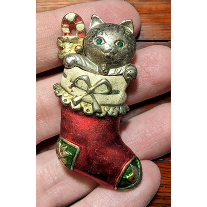 Vintage Danecraft Cat In Stocking Brooch