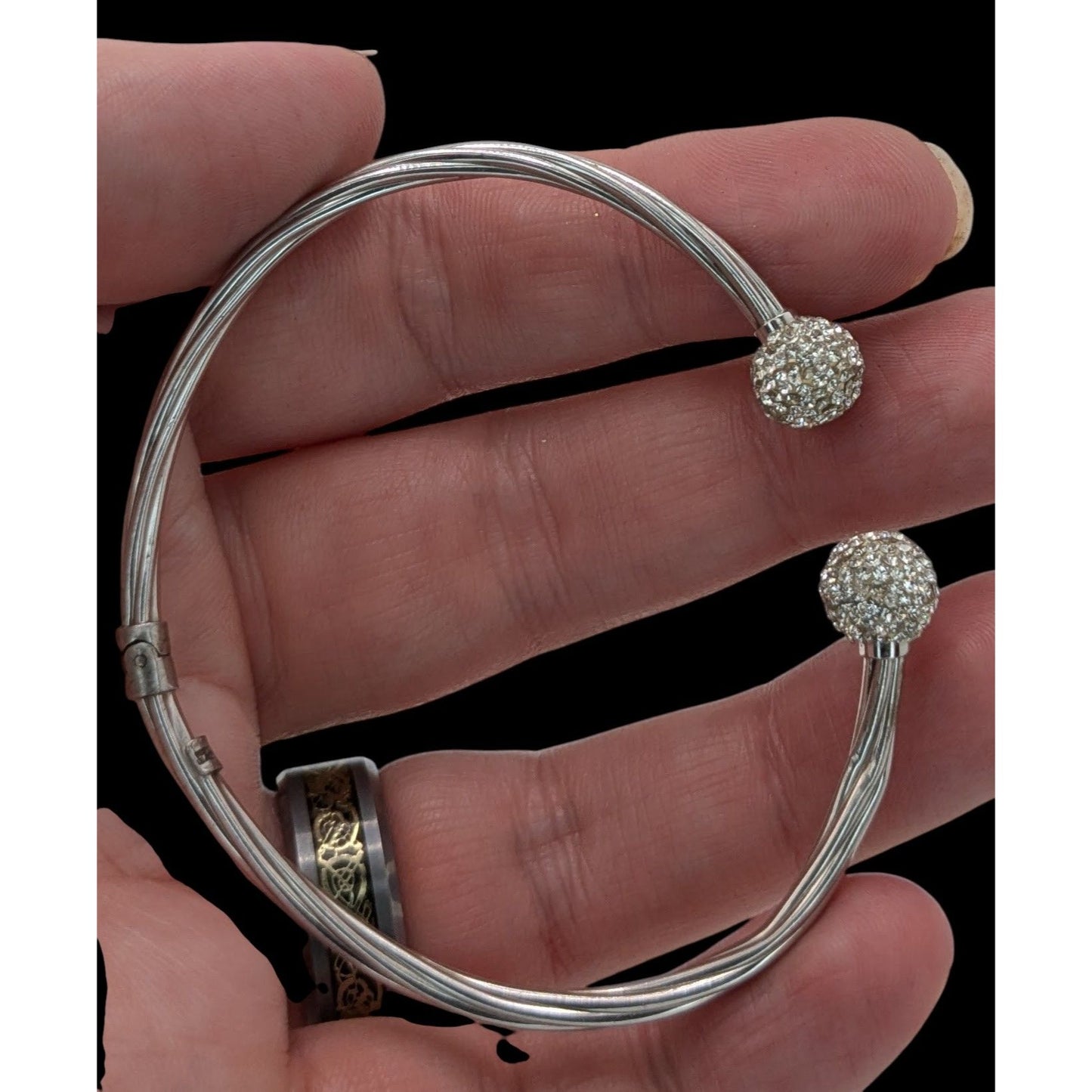 Vintage L'eau Turkey 925 Sterling Silver 1/15 14K CZ Cuff Bracelet Rhinestone Hinge