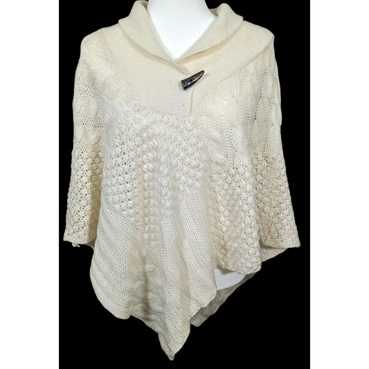 Retro Boho Chic Cream Knit Asymmetrical Poncho