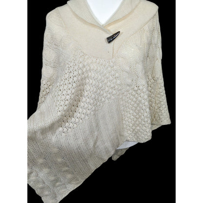 Retro Boho Chic Cream Knit Asymmetrical Poncho