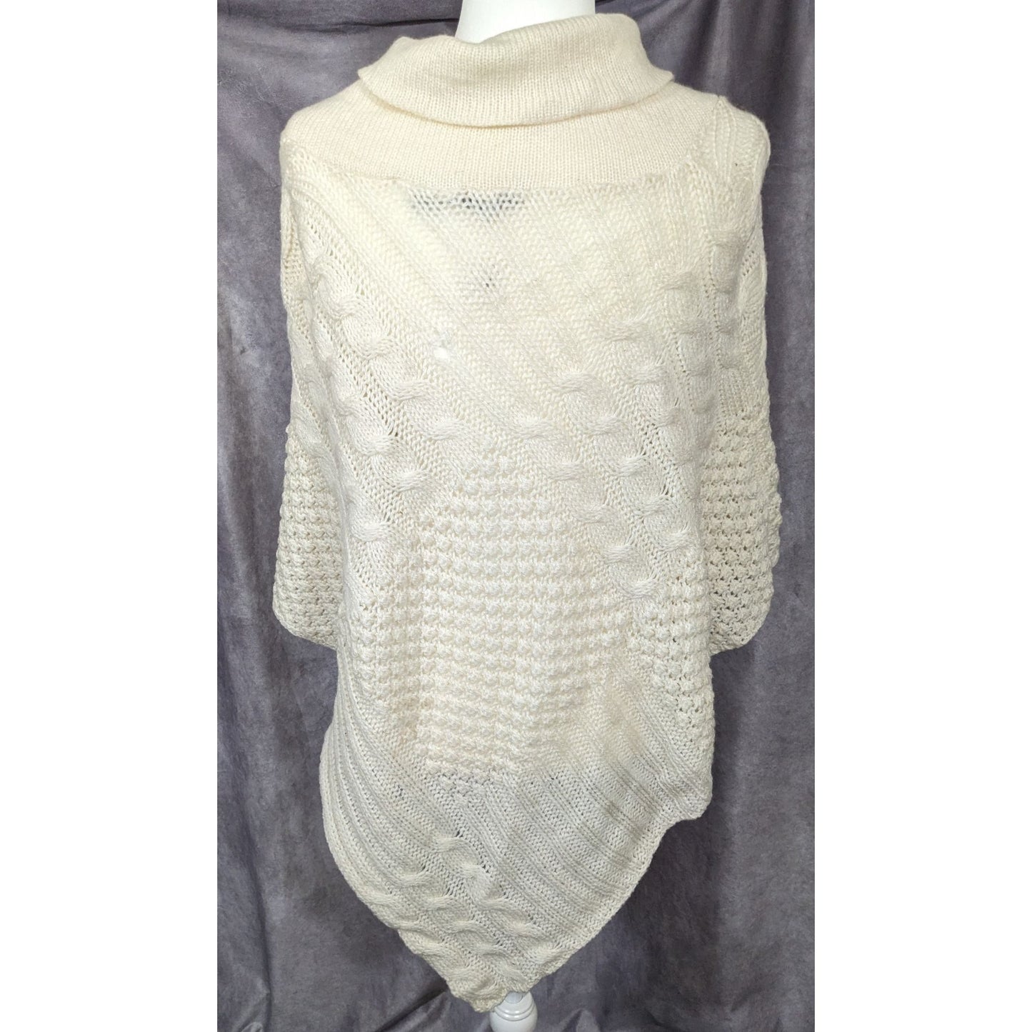 Retro Boho Chic Cream Knit Asymmetrical Poncho