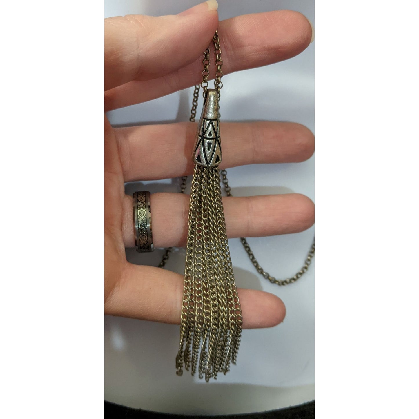 Silver Geometric Engraved Tassel Chain Necklace